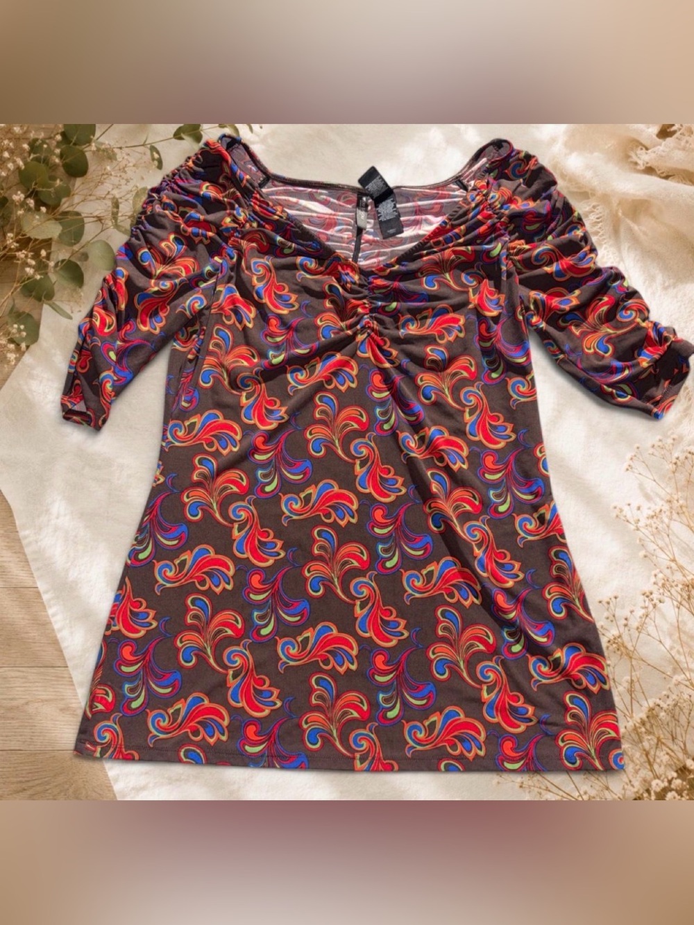 Vintage Bisou Bisou Michele Bohbot Ruched Graphic Psychedelic Print Top L Large